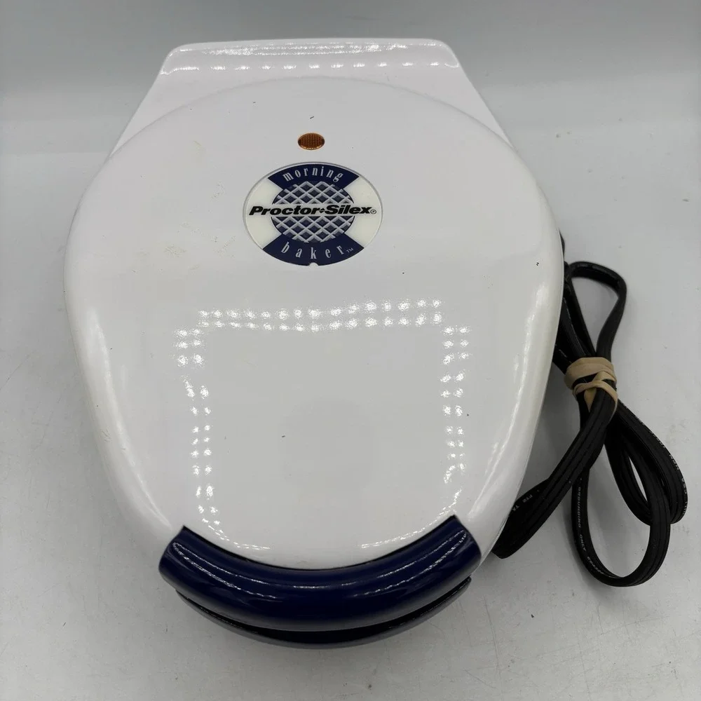 Proctor Silex Morning Baker Belgian Waffle Maker Non Stick Blue White 26500
